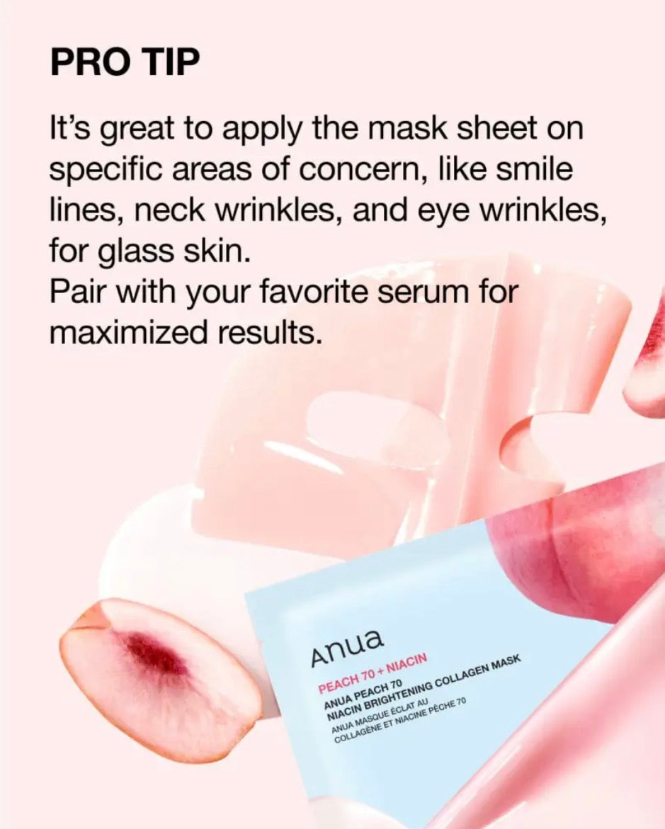 Anua Masque Collagène Éclat Niacin 70 + Pêche : Hydratation & Teint Lumineux – 4 masques