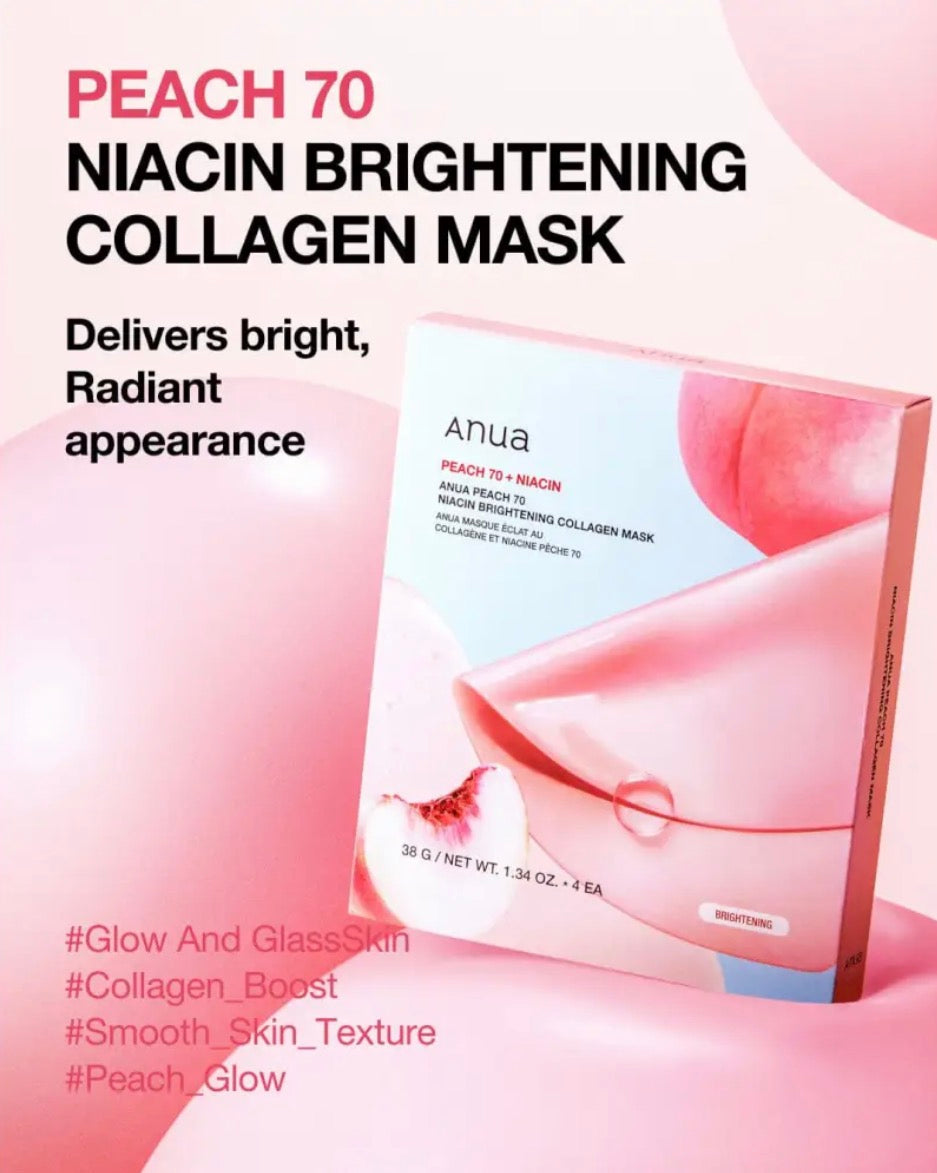 Anua Masque Collagène Éclat Niacin 70 + Pêche : Hydratation & Teint Lumineux – 4 masques