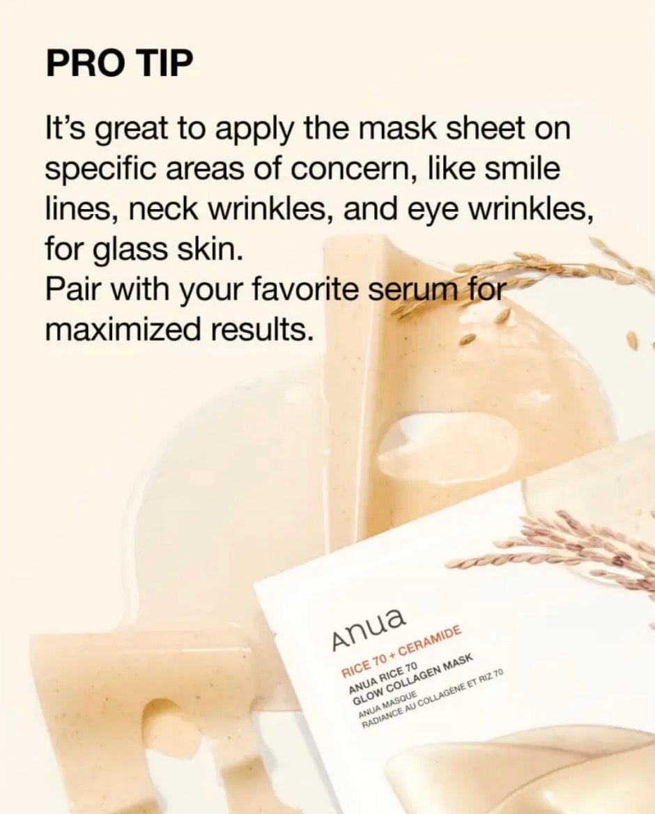 Anua Masque Collagène Éclat Rice 70 + Céramide : Nutrition & Luminosité – 4 masques