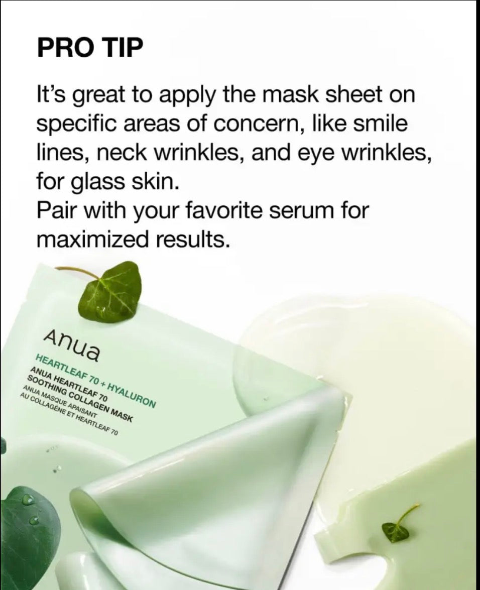 Anua Masque Collagène Apaisant 70% Heartleaf : Hydratation + Apaisement – 4 masques